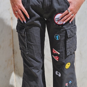 CultureGoodsCo Blue Streetwear Jeans with Baggy Urban Style, Patchwork Denim Pants, 8-Bit Heart Printed Pants, Patched Loose-Fit Pants