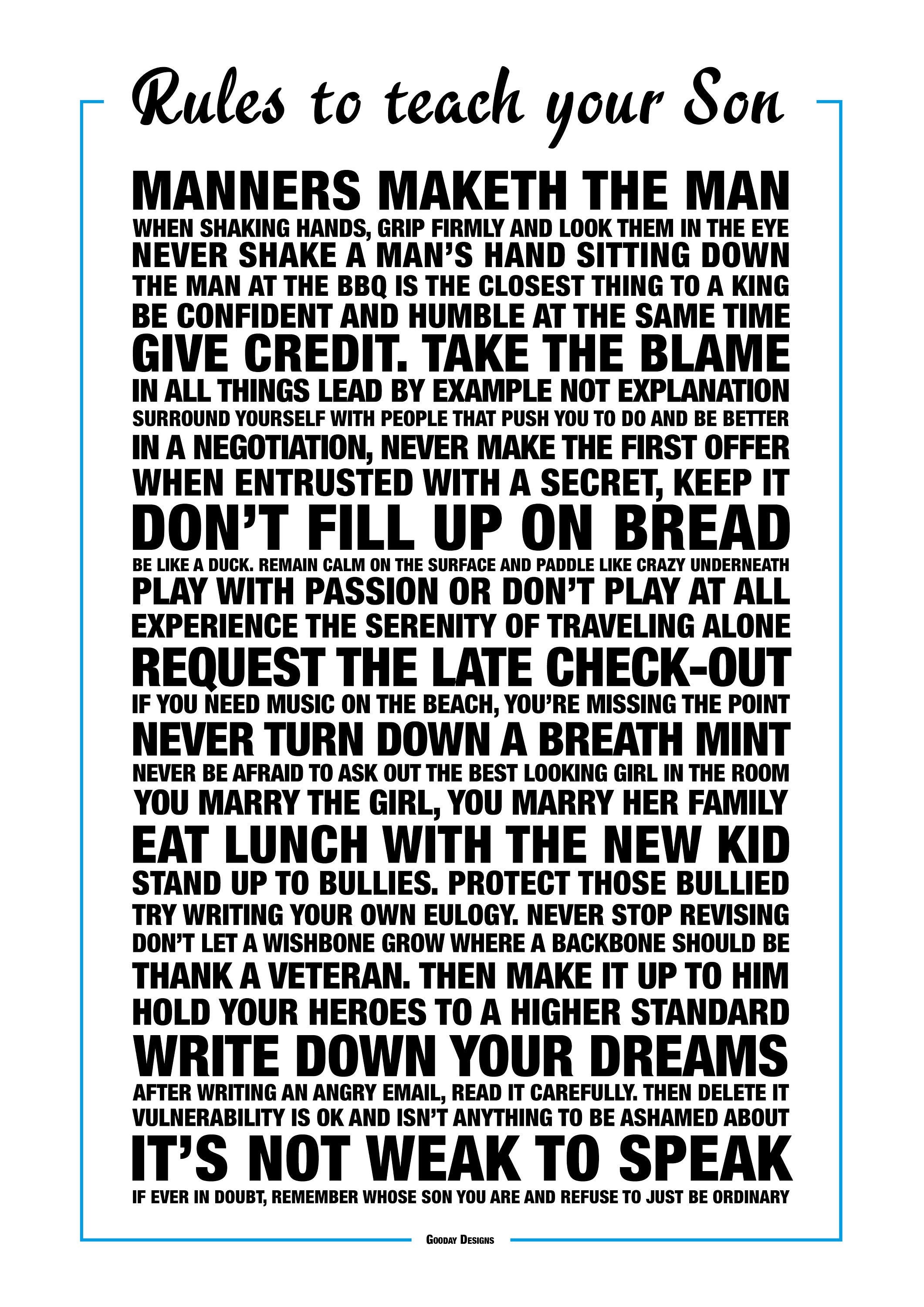 Rules to Teach Your Son Design, Quote, Frame, Print, Newborn, Gift, Present, Bedroom