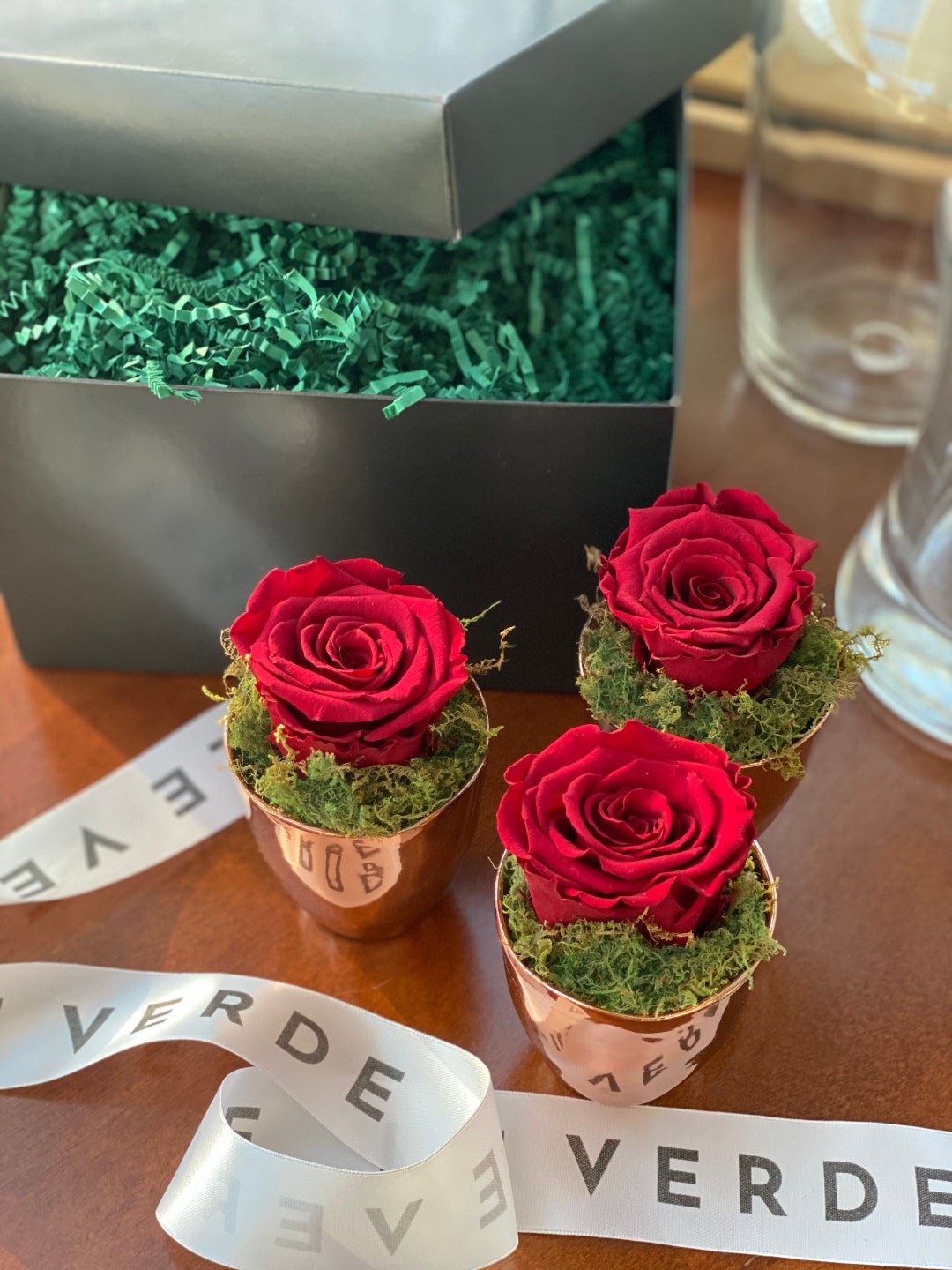 Forever Rose Gift Box Three Red Roses in Rose Gold Vases Perfect