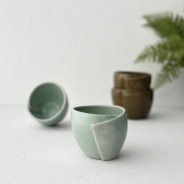 Unique Minimalist Turquoise Mug, Stylish Minimalist Brown Cup, Special Design Ceramic Tumbler, Handmade Double Espresso Cup, 3o, 4oz, 6oz