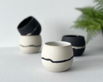 Handmade Striped Espresso Cup: Black and White Ceramic Mug