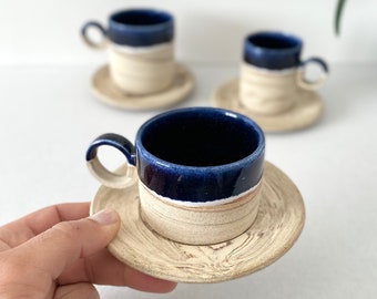 Unique Midnight Blue Mug and Saucer, Natural Striped Tea Cup, Handmade Double Espresso Cup, Housewarming Decorative Gift, 5 oz 8 oz