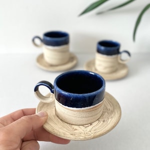 Unique Midnight Blue Mug and Saucer, Natural Striped Tea Cup, Handmade Double Espresso Cup, Housewarming Decorative Gift, 5 oz 8 oz