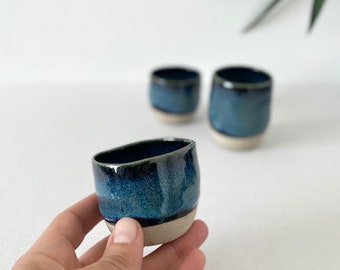 Unique Blue and Black Ceramic Tumbler, Handmade Midnight Blue Coffee Mug, Ocean Blue Ceramic Cup, Double Espresso Cup Set, 3oz, 6oz, 10oz