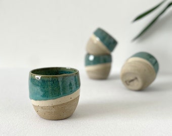 Handmade Green Ceramic Cup, Handcrafted Cream Coffee Cup, Double Espresso Coffee Cup, Unique Ceramic Coffee Mug, Minimalist Coffee Cup