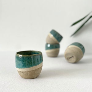 Unique Handmade Green Ceramic Tumbler, Satin Cream Handcrafted. Mug, Double Espresso Coffee Cup Set, 3oz, 6oz, 8oz, 10oz