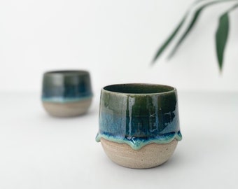 Handmade Ocean Green Cup: Stoneware Dripped Espresso Cup