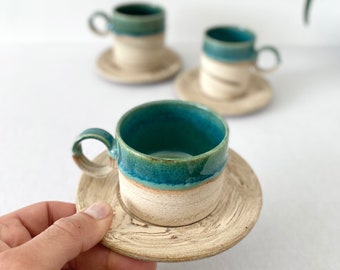 Unique Shiny Green Ceramic Mug With Saucer, Natural Stripped Coffee Cup With Saucer, 5 oz, 8 oz, Handmade Double Espresso Mug, Latte Tea Cup