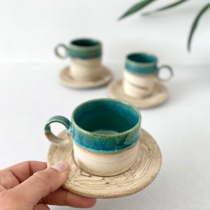 Unique Shiny Green Ceramic Mug With Saucer, Natural Stripped Coffee Cup With Saucer, 5 oz, 8 oz, Handmade Double Espresso Mug, Latte Tea Cup image 1
