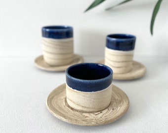 Handmade Midnight Blue Espresso Cup and Saucer: Striped Stoneware