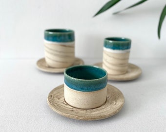 Unique Shiny Green Ceramic Mug With Saucer, Natural Stripped Coffee Cup With Saucer, 5 oz, 8 oz, Handmade Double Espresso Mug, Latte Tea Cup