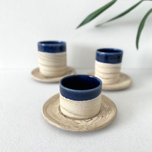 Unique Midnight Blue Mug and Saucer, Natural Striped Tea Cup, Handmade Double Espresso Cup, Housewarming Decorative Gift, 5 oz 8 oz