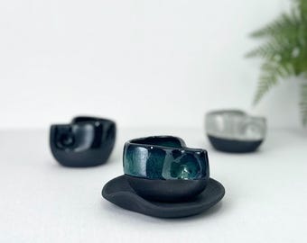 Handcrafted Black Ceramic Cup with Saucer: Finger Pinch Design, Minimalist Artisan Modern Cup