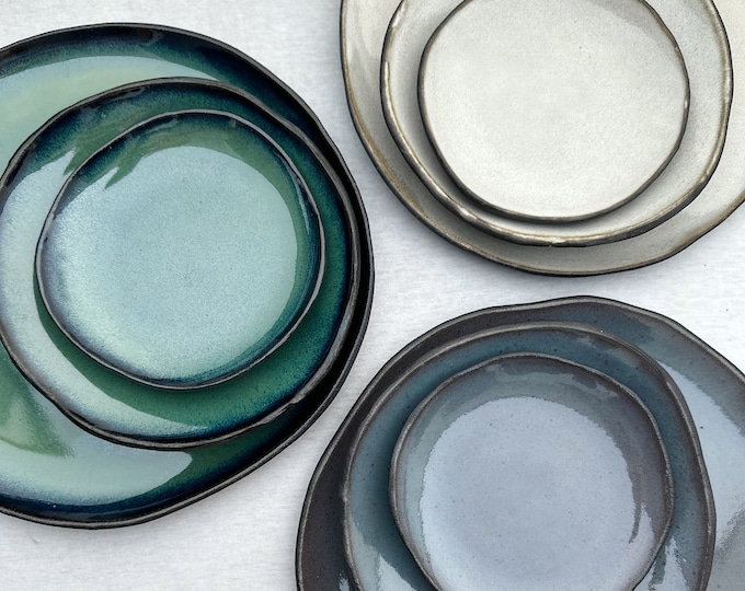 Handmade Matt Black Stoneware Dinner Plate: Organic Edge Serving Plates