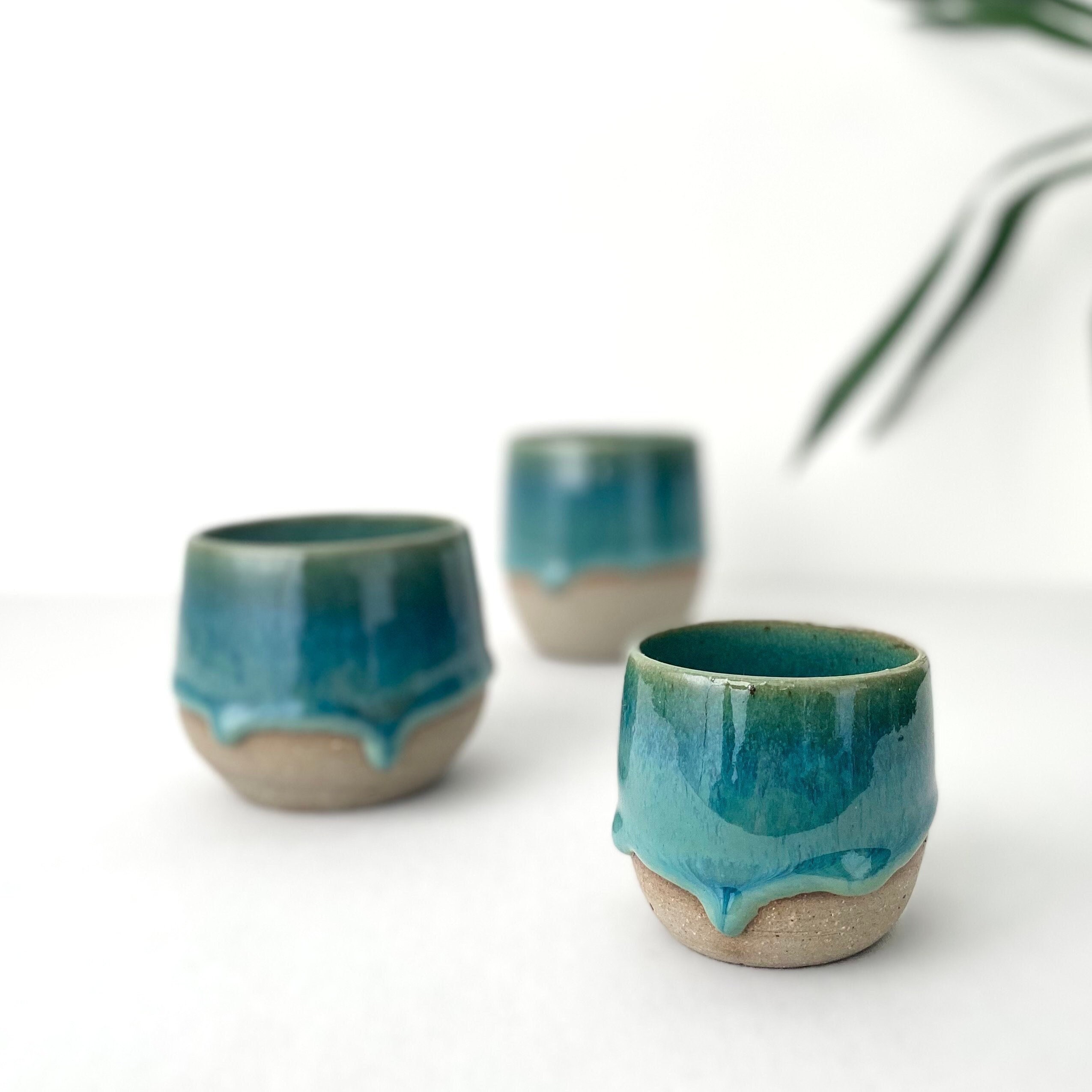 Handmade Green Drippy Cup, Handcrafted Dripped Glazed Cup, Double Espresso Coffee Cup, Unique Handleless Green Ceramic Mug, Ceramic Tumbler