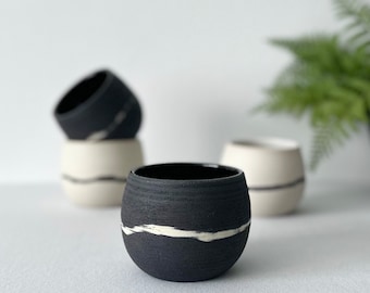 Black Ceramic Stripped Coffee Cup, Handcrafted White Coffee Mug, Double Espresso Coffee Cup, Matt Black Mug, 2oz, 3oz, 6oz, 8oz, 10