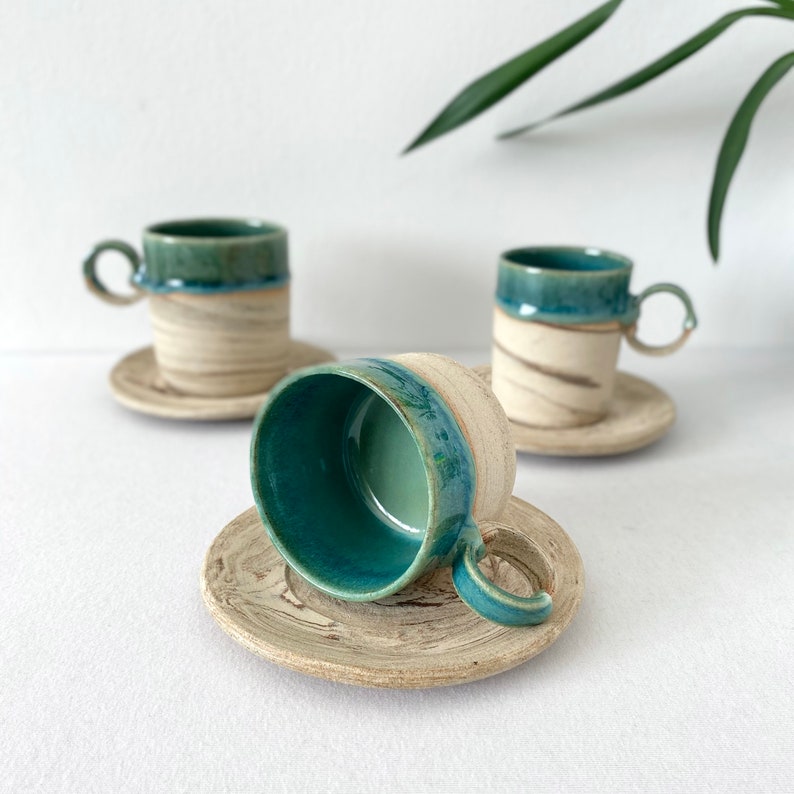 Unique Shiny Green Ceramic Mug With Saucer, Natural Stripped Coffee Cup With Saucer, 5 oz, 8 oz, Handmade Double Espresso Mug, Latte Tea Cup image 3