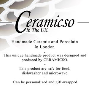 May include: Ceramicso, a company that makes handmade ceramic and porcelain items in London. The text states that the products are safe for food, dishwasher, and microwave use. They can also be personalized and gift-wrapped.
