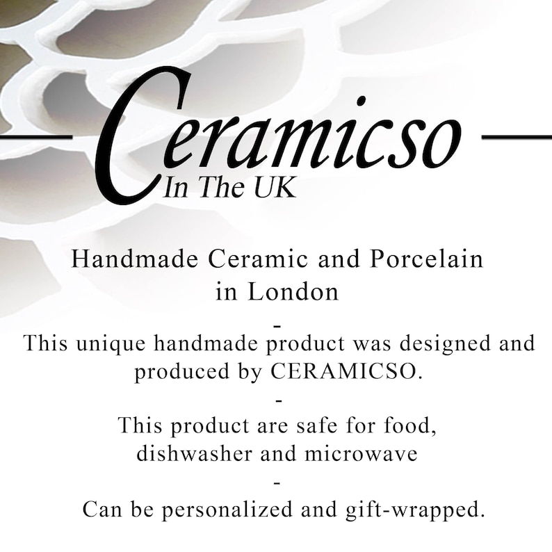 May include: Ceramicso, a company that makes handmade ceramic and porcelain items in London. The text states that the products are safe for food, dishwasher, and microwave use. They can also be personalized and gift-wrapped.