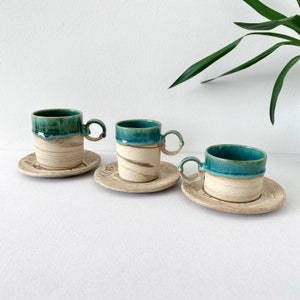 Unique Shiny Green Ceramic Mug With Saucer, Natural Stripped Coffee Cup With Saucer, 5 oz, 8 oz, Handmade Double Espresso Mug, Latte Tea Cup image 5