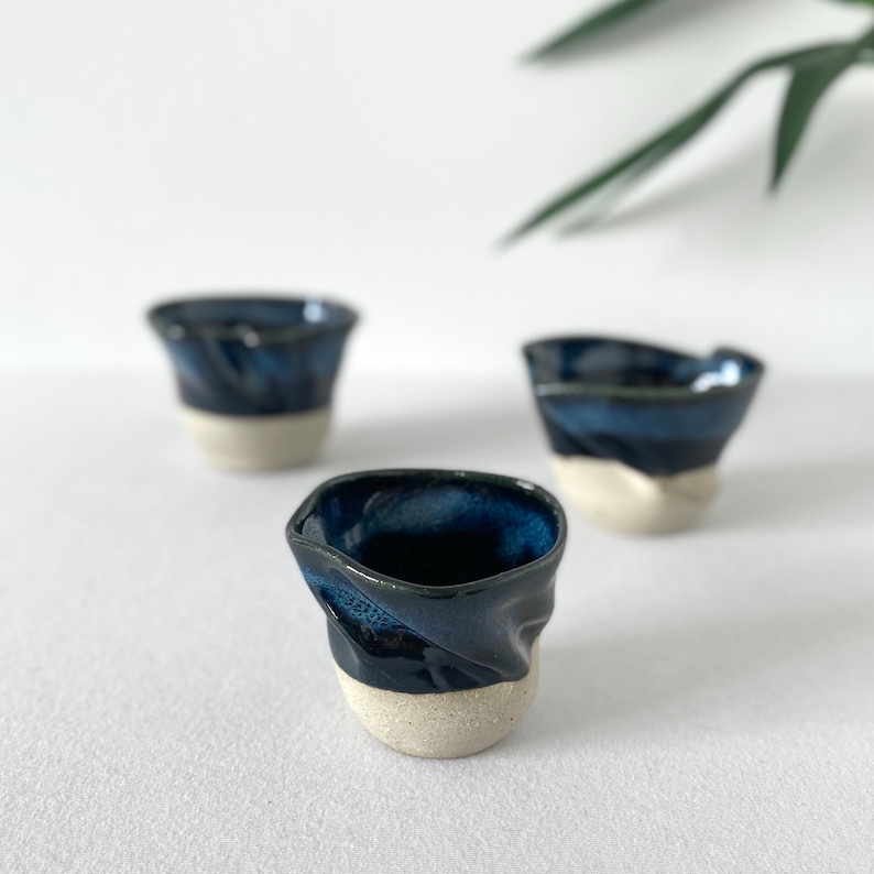 Unique Ceramic Wavy Handmade Tumbler, Ocean Blue Wavy Handmade Mug, Natural Blue Coffee Cup, Double Espresso Cup Set, 3oz, 6oz, 8oz, 10oz image 3