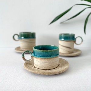 Unique Shiny Green Ceramic Mug With Saucer, Natural Stripped Coffee Cup With Saucer, 5 oz, 8 oz, Handmade Double Espresso Mug, Latte Tea Cup image 2