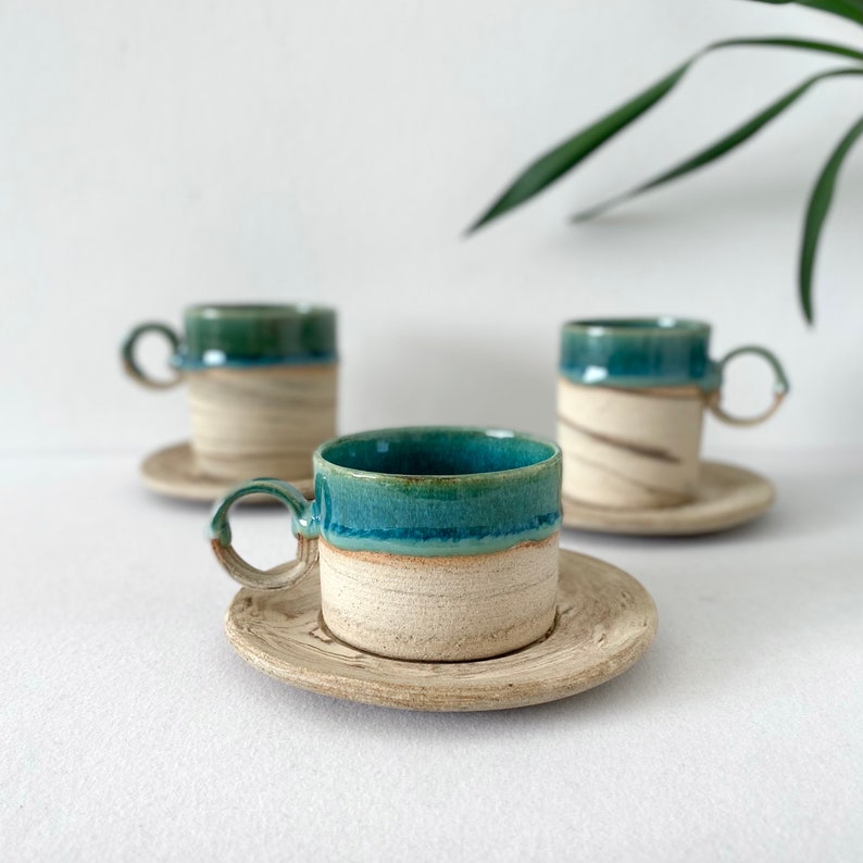 Unique Shiny Green Ceramic Mug With Saucer, Natural Stripped Coffee Cup With Saucer, 5 oz, 8 oz, Handmade Double Espresso Mug, Latte Tea Cup image 2