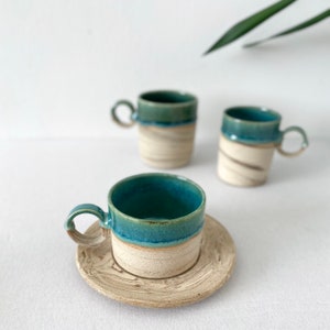 Unique Shiny Green Ceramic Mug With Saucer, Natural Stripped Coffee Cup With Saucer, 5 oz, 8 oz, Handmade Double Espresso Mug, Latte Tea Cup image 6