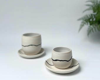 Handmade Striped Espresso Cup With Saucer: White Minimalist Ceramic Mug