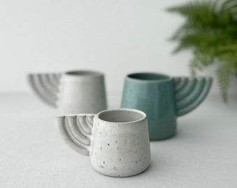 Handmade Blue Ceramic Mug: Stoneware Espresso Cup with Angel Wing Handle