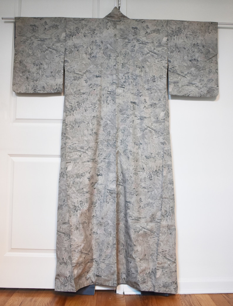 luxury silk robes high quality traditional Japanese kimono for women authentic KOMON kimono Long silver gray silk kimono