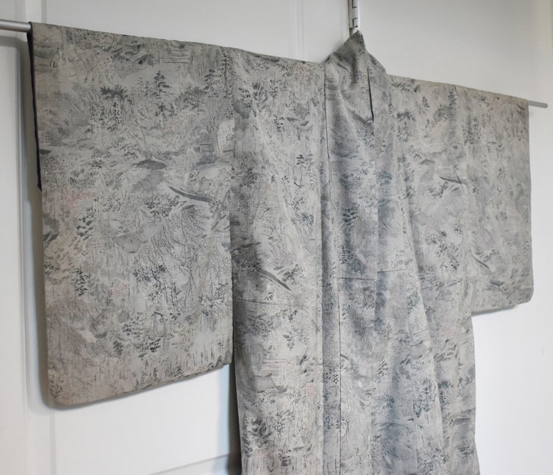 Long silver gray silk kimono authentic KOMON kimono traditional Japanese kimono for women luxury silk robes high quality