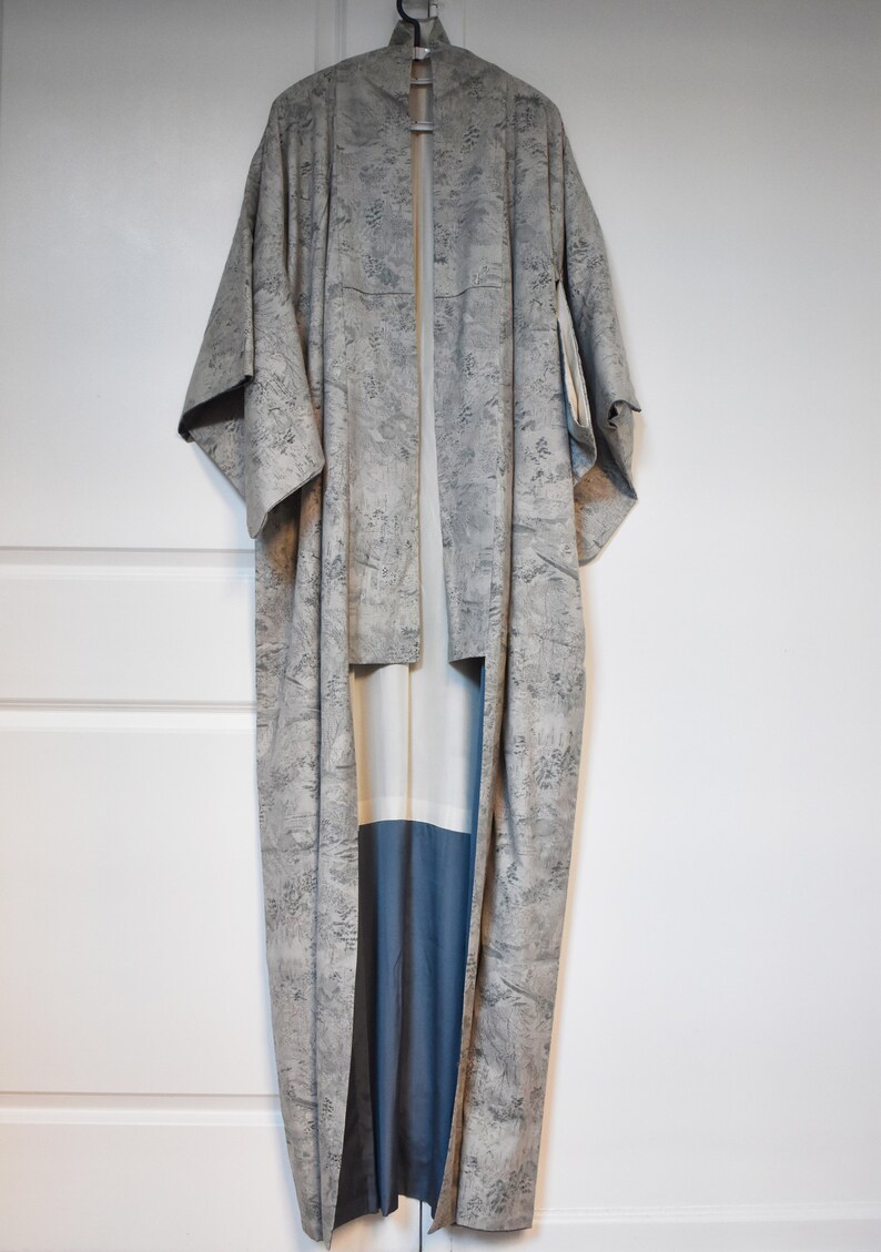 luxury silk robes high quality traditional Japanese kimono for women authentic KOMON kimono Long silver gray silk kimono