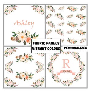 Könnte beinhalten: Stoffpaneele mit floralen Designs in Rosa, Pfirsich und Grün. Die Paneele zeigen die Texte "Ashley" und "Rachel" sowie die Wörter "Fabric Panels", "Vibrant Colors" und "Personalized". Die Designs umfassen Blumen, Federn und einen Kranz.