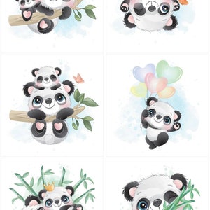 K&ouml;nnte beinhalten: Sechs Aquarell-Illustrationen mit entz&uuml;ckenden Pandab&auml;ren in verschiedenen Posen. Die Pandas sind beim H&auml;ngen an einem Ast, beim Halten von Luftballons und beim Kuscheln mit ihren Jungen dargestellt. Die Farbpalette umfasst Schwarz, Wei&szlig; und sanfte Pastellt&ouml;ne.