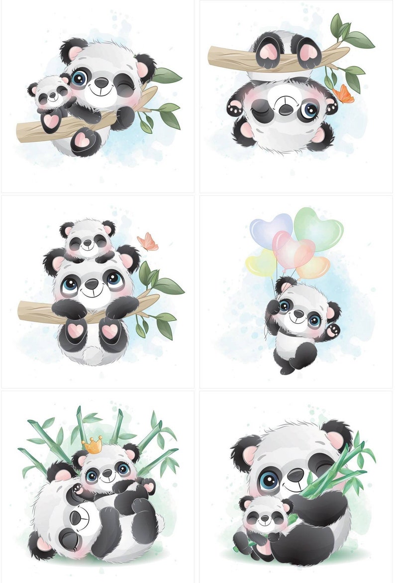 K&ouml;nnte beinhalten: Sechs Aquarell-Illustrationen mit entz&uuml;ckenden Pandab&auml;ren in verschiedenen Posen. Die Pandas sind beim H&auml;ngen an einem Ast, beim Halten von Luftballons und beim Kuscheln mit ihren Jungen dargestellt. Die Farbpalette umfasst Schwarz, Wei&szlig; und sanfte Pastellt&ouml;ne.