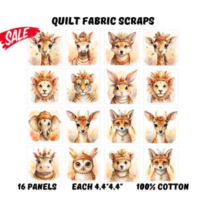 Boho animals cotton fabric scraps bundle, Cute baby fabric panels for quilts, Nursery quilting fabric panels Set on Sale