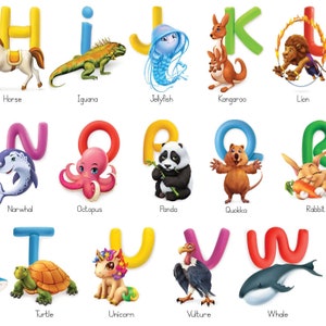 May include: Colorful alphabet letters with animal illustrations. The letters are in various colors, with each letter paired with an animal, such as a horse, iguana, jellyfish, kangaroo, lion, narwhal, octopus, panda, quokka, rabbit, turtle, unicorn, vulture, and whale.