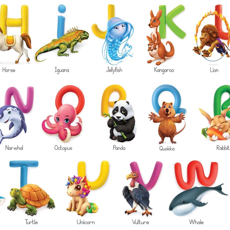 May include: Colorful alphabet letters with animal illustrations. The letters are in various colors, with each letter paired with an animal, such as a horse, iguana, jellyfish, kangaroo, lion, narwhal, octopus, panda, quokka, rabbit, turtle, unicorn, vulture, and whale.