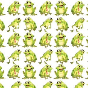 May include: A repeating pattern of cartoon frogs in various poses. The frogs are primarily green with yellow bellies and red tongues. Some frogs are sitting, while others are leaping or standing.