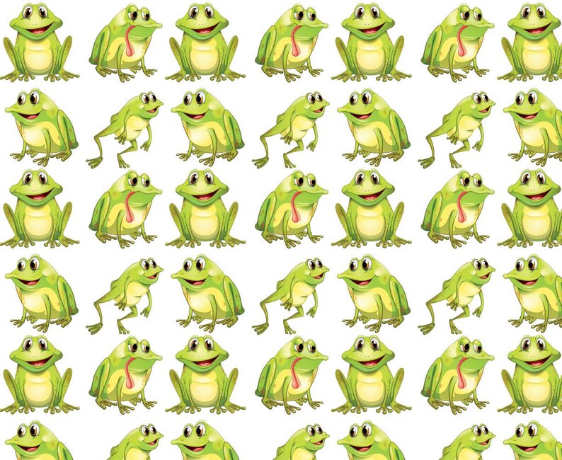 May include: A repeating pattern of cartoon frogs in various poses. The frogs are primarily green with yellow bellies and red tongues. Some frogs are sitting, while others are leaping or standing.