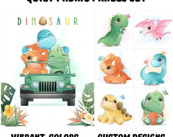 Dinosaur fabric panel for quilting, Dinosaur nursery fabric for kids