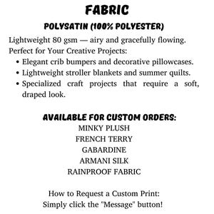 K&ouml;nnte beinhalten: Textgrafik mit Stoffoptionen, darunter Polysatin (100 % Polyester), Minky Plush, French Terry, Gabardine, Armani Silk und Rainproof Fabric. Polysatin ist leicht (80 g/m&sup2;) und eignet sich f&uuml;r individuelle Projekte wie Bettumrandungen.