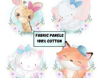Animal quilt fabric panel, Quilting fabric, Baby elephant, fox, cat, giraffe fabric fat quarter