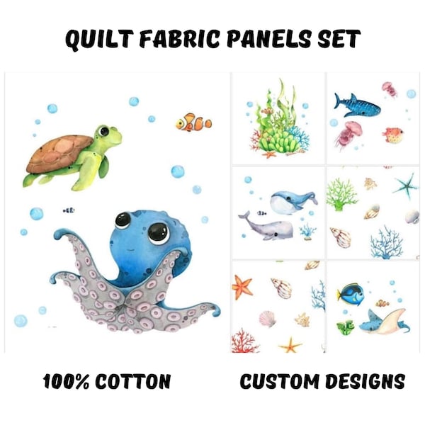 Ocean fabric panels for quilting, Octopus fabric, Whale fabric, Nautical fabric bundles