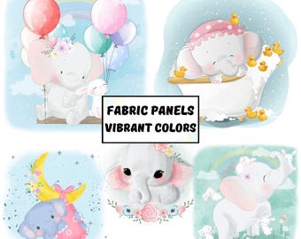 Elephant fabric panel for baby quilts, Cute baby fabric panel for quilting