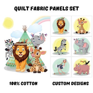 Safari animals boho fabric panels for quilting, Baby quilt fabric bundle, Safari nursery blanket sewing fabric