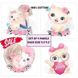 Cute girl and cat fabric panels for baby quilts, Quilt fabric scraps for quilting, Girl nursery baby blanket fabric - SET on Sale