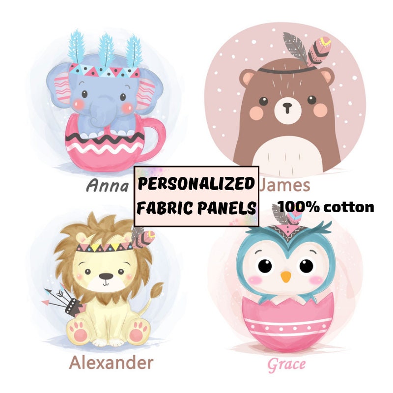 Boho owls fabric panels, Elephant fabric quilt panels, Cute lion fabric panels for quilting