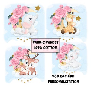 Cute baby fabric panels for baby quilts, Glitter baby elephant, deer, hare, giraffe fabric panel